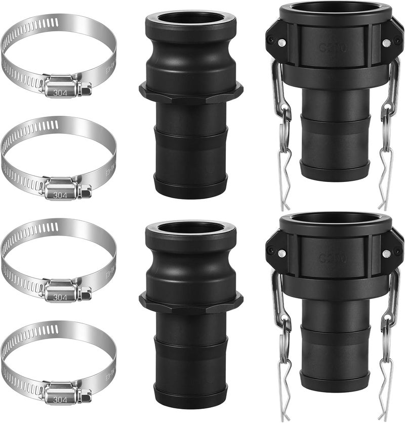 Innconee 2 Set Camlock Fittings Type C&E 2 Inch Polypropylene Cam and Groove Hose Fitting Kit Include 2" Female Coupling Cam Lock, 2" Male Adapter Camlock, Gasket, Hose Clamps for Industrial - Image 1
